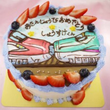【店頭受取】連結した新幹線のイラストケーキを作りました