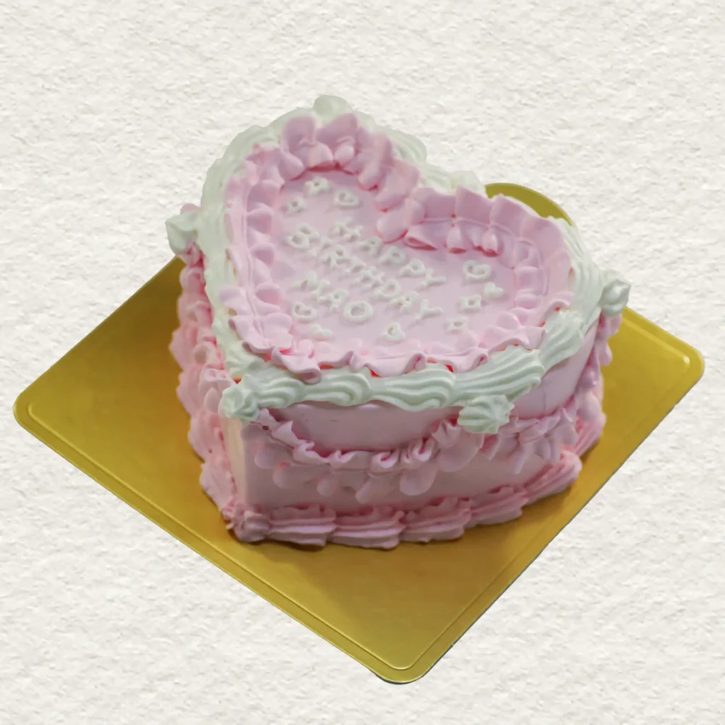 ピンクのハート型センイルケーキ 韓国風フリルデザイン 誕生日ケーキ 盛岡市 店舗受け取り限定