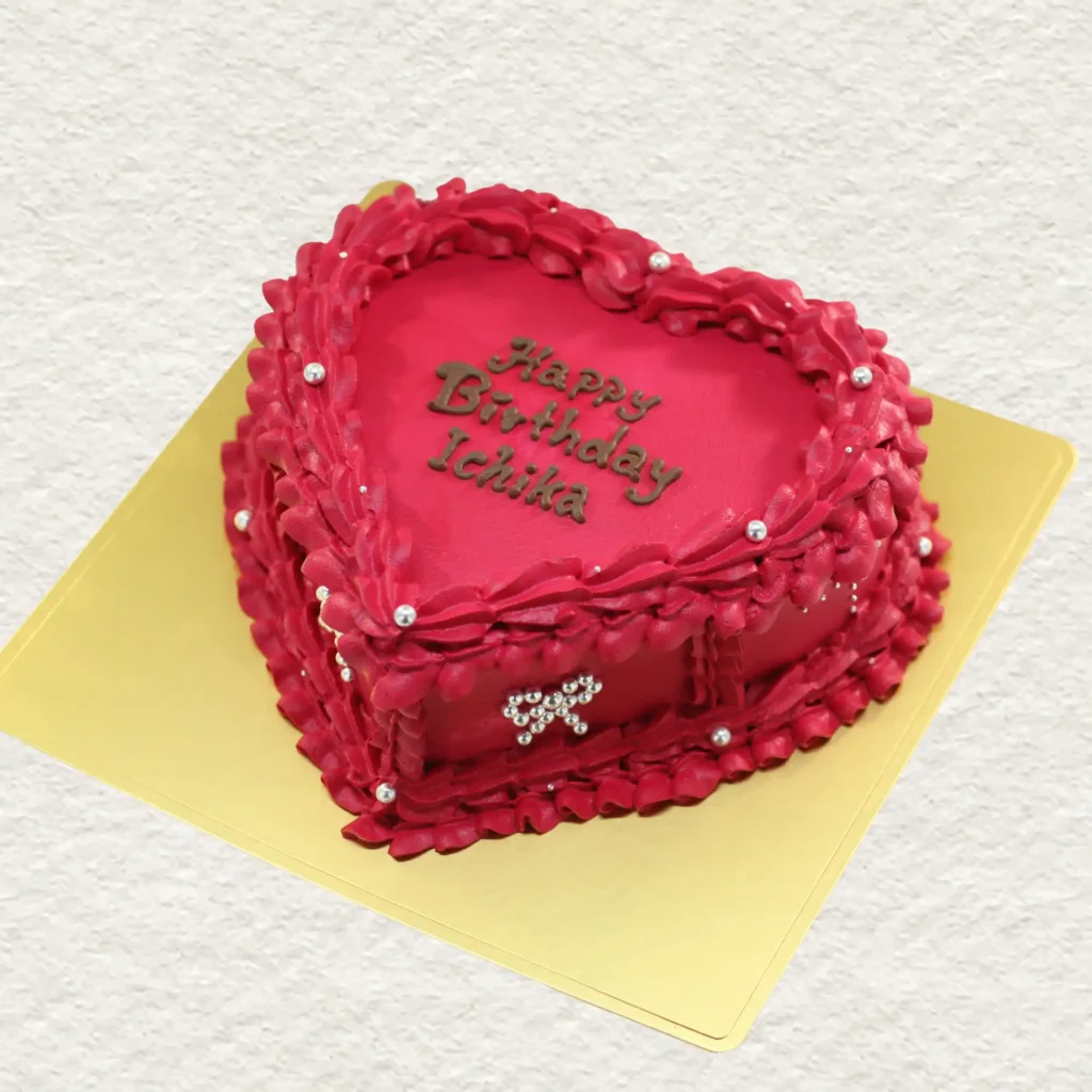 真っ赤なハート型センイルケーキ ビジュー装飾が華やかな韓国風バースデーケーキ 盛岡市 店頭受け取り限定