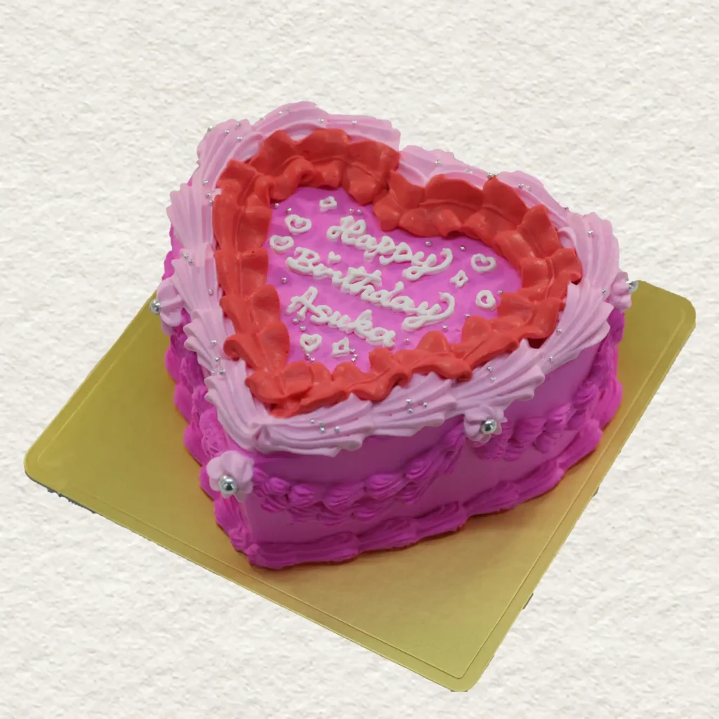ハート型の韓国センイルケーキ ピンクとレッドのフリル装飾 バースデーケーキ 盛岡市 店頭受け取り限定