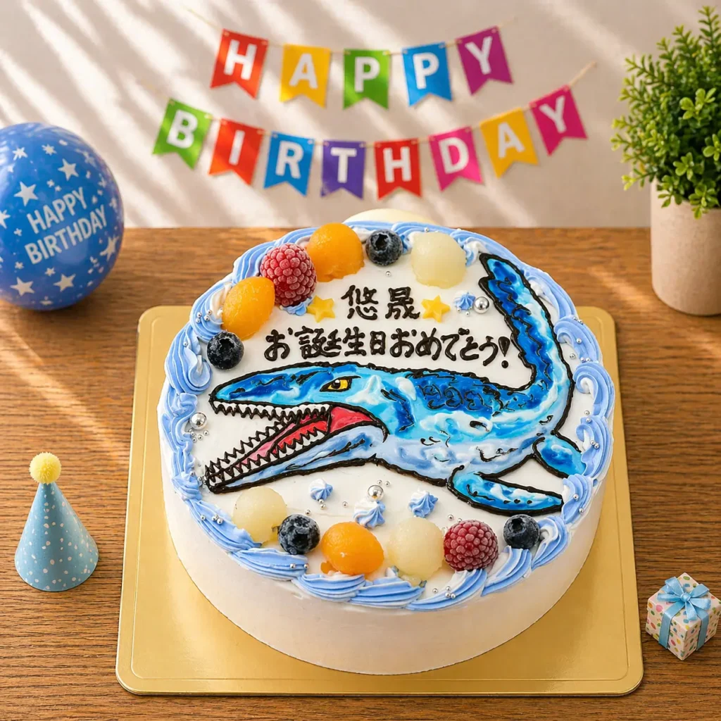 モササウルスの誕生日ケーキ｜海の恐竜イラストケーキ 迫力デザイン 全国配送