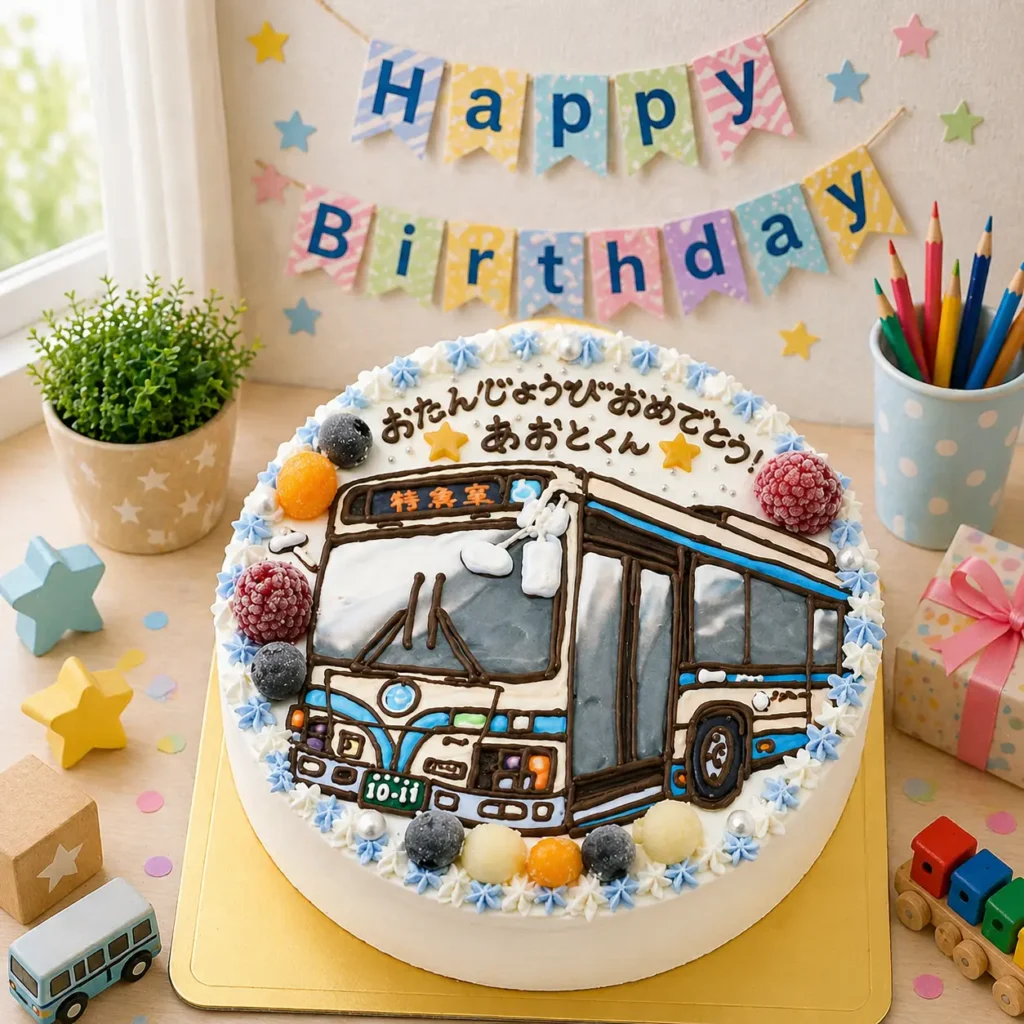 バスの誕生日ケーキ 路線バスのイラストケーキ 全国配送対応 乗り物ケーキ