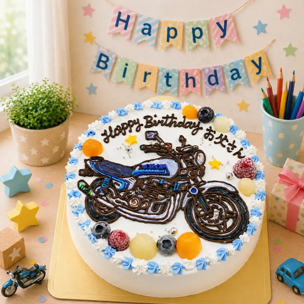 バイクの誕生日ケーキ オートバイのイラストケーキ 全国配送対応 かっこいいケーキ