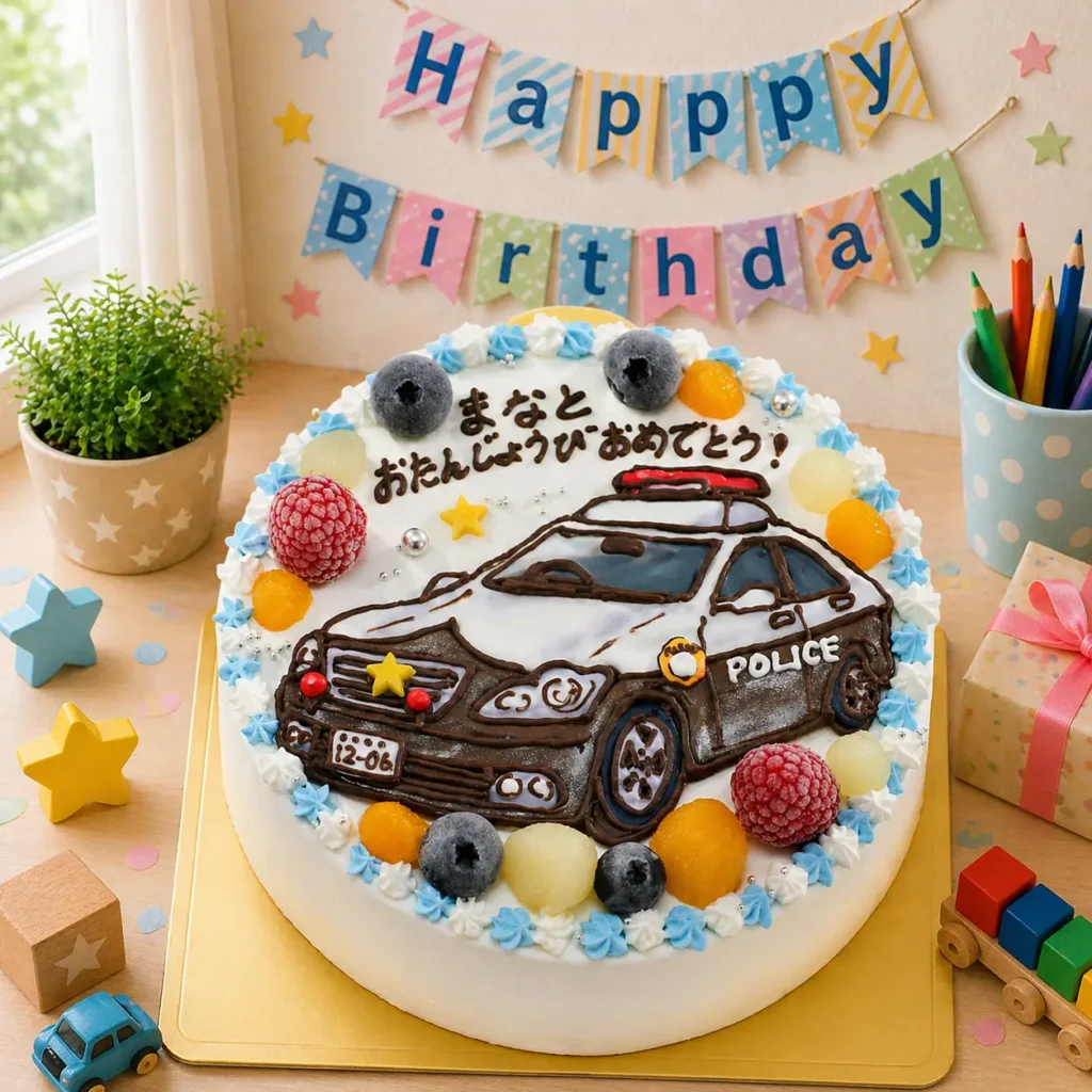パトカーの誕生日ケーキ 警察車両のイラストケーキ 全国配送対応 はたらく車ケーキ