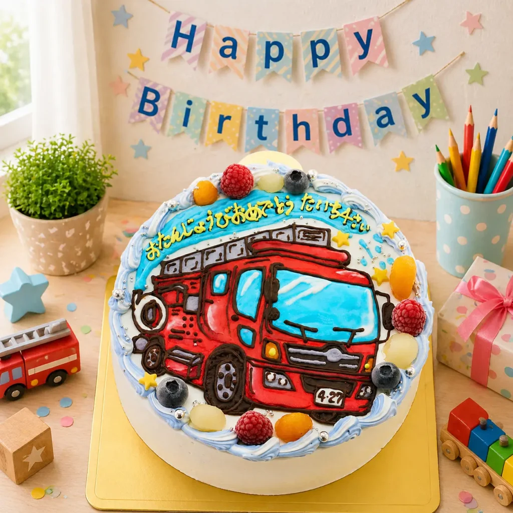 消防車の誕生日ケーキ はたらく車のイラストケーキ 全国配送対応 人気の乗り物ケーキ