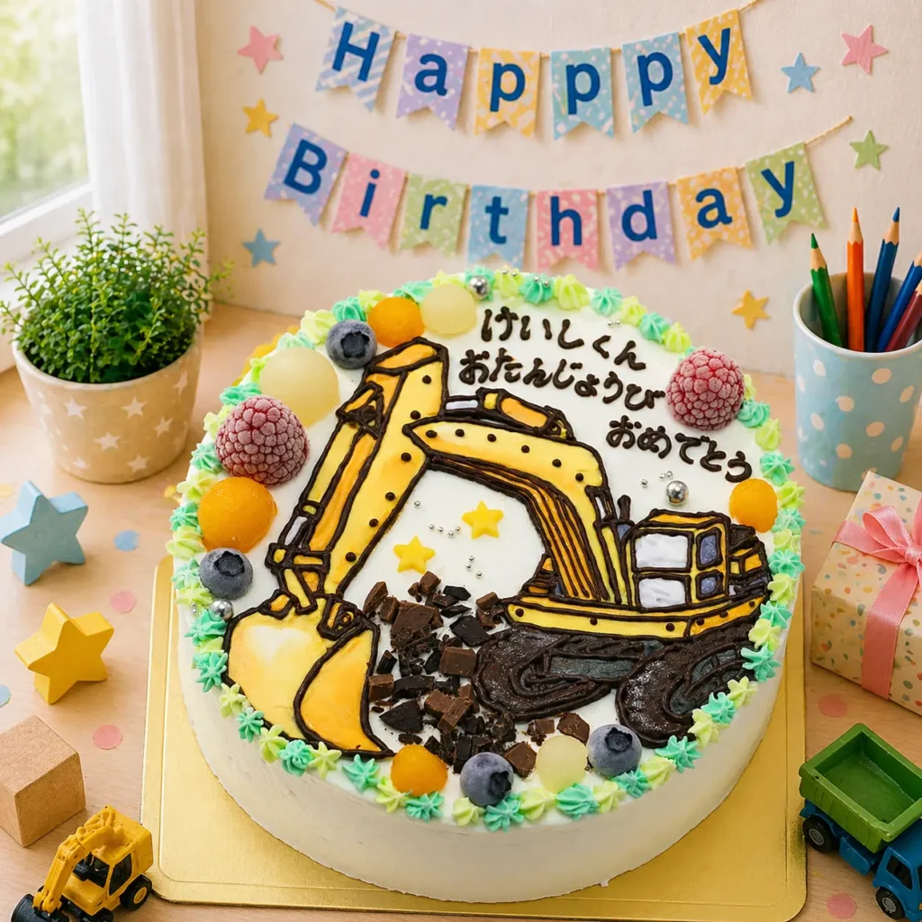 ショベルカーの誕生日ケーキ 工事車両のイラストケーキを全国配送